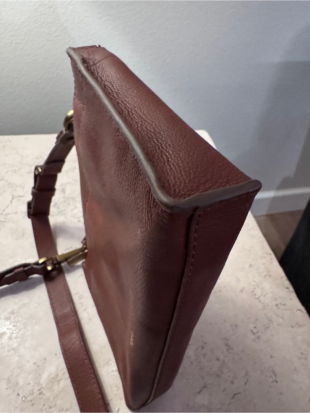 Fossil Leather Crossbody Bag, Cognac Brown, Pebbled Leather, with Brass Hardware - Picture 13 of 13